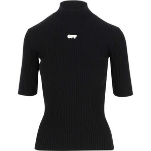 Off White, Truien, Dames, Zwart, S, Wol, Zwarte Pullover van Stretch Wol met Hoge Hals en Logo Detail