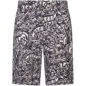 Philipp Plein, Korte broeken, Heren, Zwart, L, Zwarte Tattoo Patroon Zijden Shorts