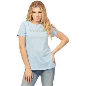 Armani Exchange, Blauwe Organische Katoen Logo Print T-shirt Blauw, Dames, Maat:M
