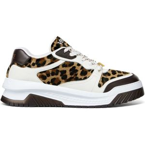 Versace, Schoenen, Heren, Veelkleurig, 41 EU, Leer, Leopard Print Panelled Sneakers