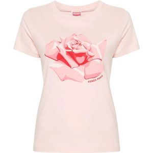 Kenzo, Tops, Dames, Roze, XS, Katoen, Rose Pink Jersey Top met Logo Print