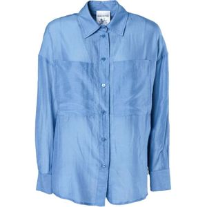 Semicouture, Blouses & Shirts, Dames, Blauw, S, Blauwe Zijdeblend Overhemd Puntkraag
