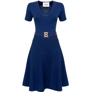 Blugirl, Kleedjes, Dames, Blauw, S, Gebreide jurk met riem en strass
