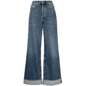 Agolde, Jeans, Dames, Blauw, W28, Katoen, Blauwe Wide-leg Jeans met Omgeslagen Zoom