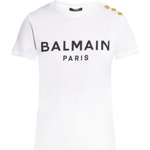 Balmain, Tops, Dames, Wit, L, Katoen, T-shirt met logo