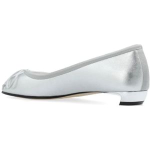 Alexander McQueen, Schoenen, Dames, Grijs, 37 1/2 EU, Leer, Metallic Bow Platte Schoenen