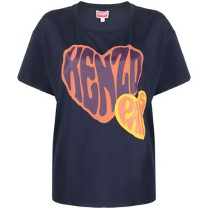 Kenzo, Tops, Dames, Blauw, XS, Katoen, Blauwe T-shirts en Polos met Kenzo Paris Print
