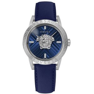 Versace, Accessoires, Heren, Veelkleurig, ONE Size, Blauw en Zilver V-Code Restyling Horloge