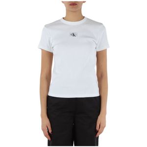 Calvin Klein Jeans, Stretch Katoenen Geribbelde T-shirt Wit, Dames, Maat:XS