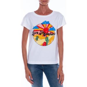 Love Moschino, Tops, Dames, Wit, L, Katoen, Katoenen T-shirt met Grafische Print en Reliëf Applicaties