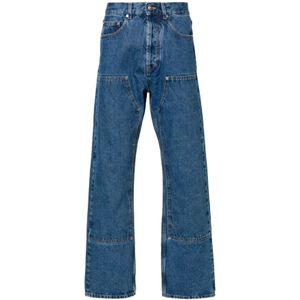 Palm Angels, Jeans, Heren, Blauw, W31, Denim, Blauwe Denim Jeans met Contraststiksels en Patchdetail