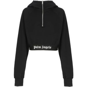 Palm Angels, Zwarte Korte Katoenen Hoodie met Hoge Hals Zwart, Dames, Maat:M