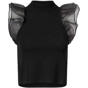 Karl Lagerfeld, Blouses & Shirts, Dames, Zwart, L, Organza, Ruffle Sleeve Ribbed Top