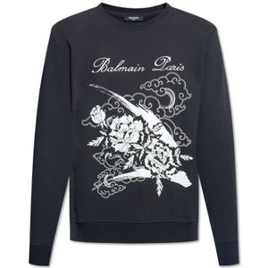 Balmain, Sweatshirts & Hoodies, Heren, Zwart, 2Xl, Katoen, Bedrukte sweatshirt