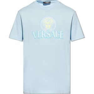 Versace, Tops, Heren, Blauw, L, Katoen, T-shirt met logo