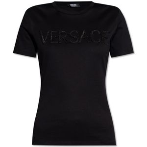 Versace, Tops, Dames, Zwart, XS, Katoen, T-shirt met logo