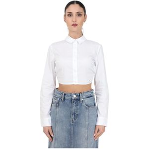 Tommy Jeans, Blouses & Shirts, Dames, Wit, L, Katoen, Witte Crop Shirt met Verstelbare Achterkant