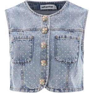 Self Portrait, Rhinestone Denim Crop Top Blauw, Dames, Maat:S