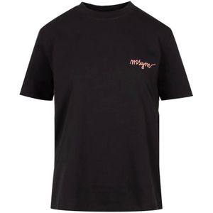 Msgm, Zwarte katoenen T-shirts en Polos met geborduurd logo Zwart, Dames, Maat:S