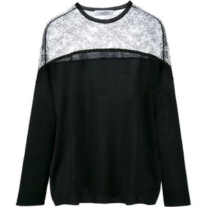 Valentino, Sweatshirts & Hoodies, Dames, Zwart, S, Wol, Zwarte lichtgewicht wollen trui met kanten schouder
