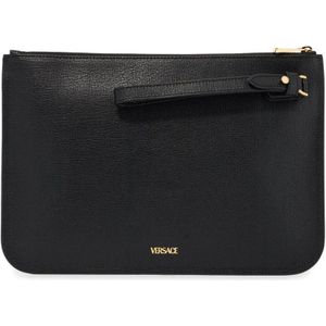 Versace, Tassen, Dames, Zwart, ONE Size, Leer, Gouden Medusa Gehamerd Leren Pouch