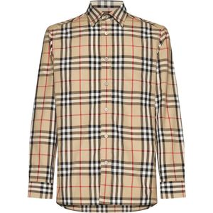 Burberry, Overhemden, Heren, Veelkleurig, S, Katoen, Vintage Check Beige Overhemd