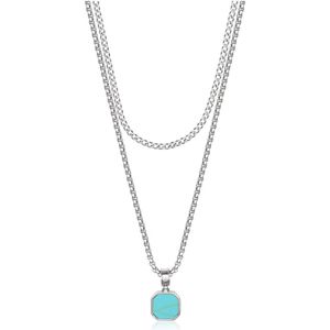 Nialaya, Accessoires, Heren, Grijs, ONE Size, Silver Necklace Layer with 3mm Cuban Link and Turquoise Square Necklace