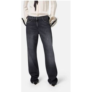 Elisabetta Franchi, Jeans, Dames, Zwart, W28, Katoen, Biologische katoenen wijde pijp jeans