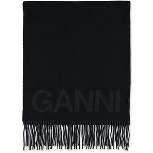 Ganni, Accessoires, Dames, Zwart, ONE Size, Wol, Zwart Geribbeld Wollen Sjaal Aw 24