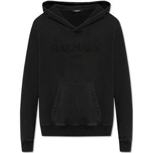 Balmain, Sweatshirts & Hoodies, Heren, Zwart, L, Katoen, Logo-geborduurde hoodie