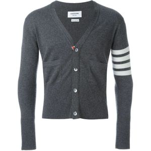 Thom Browne, Truien, Heren, Grijs, XL, Grijze 4-Bar Cashmere Cardigan Sweater
