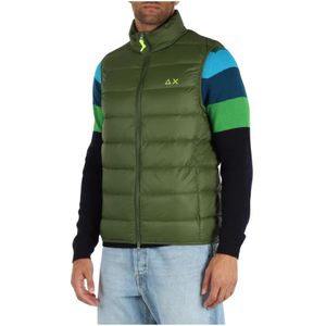 Sun68, Jassen, Heren, Groen, M, Nylon, Opvouwbare mouwloze gewatteerde bodywarmer met logoprint