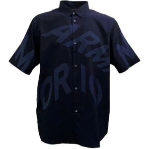 Emporio Armani, Heren Overhemd met Korte Mouwen en Maxi Logo Blauw, Heren, Maat:L