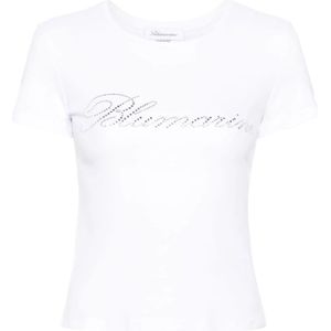Blumarine, Tops, Dames, Wit, M, Katoen, Rhinestone Logo Crew Neck T-shirt