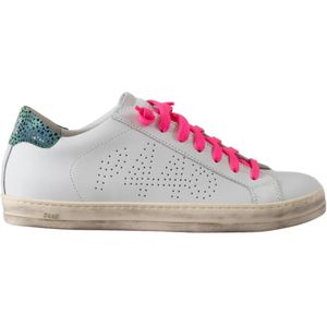 P448, Schoenen, Dames, Wit, 41 EU, Katoen, Witte Leren Sneakers met Roze Details