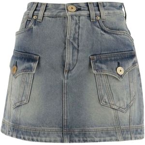 Balmain, Rokken, Dames, Blauw, S, Denim, Denim Minirok met Multi-Pocket Design