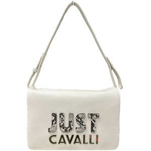 Just Cavalli, Tassen, Dames, Wit, ONE Size, Witte Schoudertas met Afneembare Band en Logo
