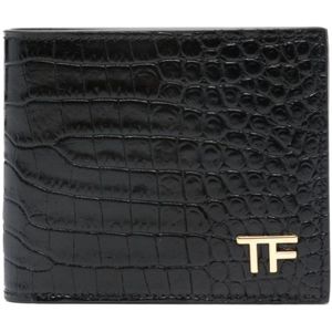 Tom Ford, Zwarte portemonnee met krokodillenprint en TF-logo Zwart, Heren, Maat:ONE Size