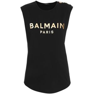 Balmain, Tops, Dames, Geel, M, Katoen, Katoenen T-shirt met logo print