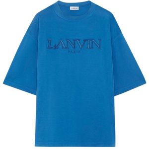 Lanvin, Tops, Heren, Blauw, S, Katoen, Blauw Geborduurd Oversize Tee-Shirt Parijs