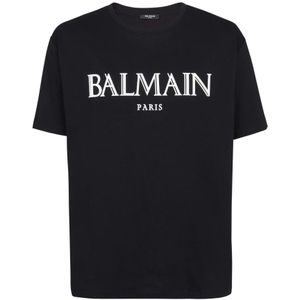 Balmain, Tops, Heren, Zwart, S, Oversized T-shirt met Rubberen Logo in Zwart