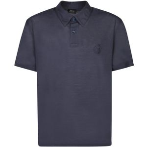 Brioni, Tops, Heren, Blauw, M, Wol, Geborduurd Logo Polo Shirt