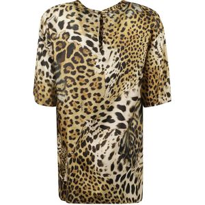 Roberto Cavalli, Blouses & Shirts, Dames, Veelkleurig, M, Satijn, Zijden T-shirt met Luipaardprint