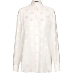 Dolce & Gabbana, Blouses & Shirts, Dames, Wit, M, Zijden Logo Shirt - Bianco Naturale