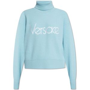 Versace, Truien, Dames, Blauw, XS, Wol, Wollen coltrui met logo