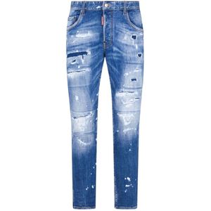 Dsquared2, Jeans, Heren, Blauw, L, Denim, Blauwe Denim Stretch Jeans met Versleten Details