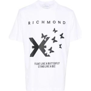 John Richmond, Tops, Heren, Wit, S, Katoen, Butterfly Print Crew Neck T-shirt