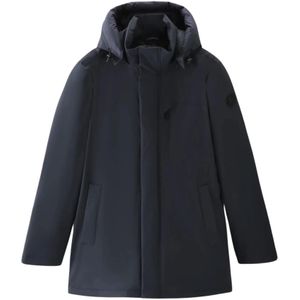 Woolrich, Jassen, Heren, Blauw, M, Polyester, Melton Blauwe Mountain Stretch Parka