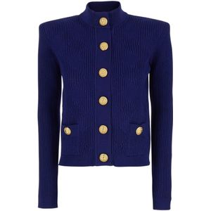 Balmain, Truien, Dames, Blauw, S, Polyester, Geknoopt Vichy Gebreid Vest Sweaters