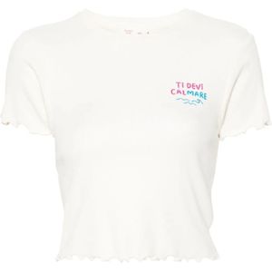 MC2 Saint Barth, Tops, Dames, Wit, M, Katoen, T-shirt met golvende zoom en bedrukte tekst wit